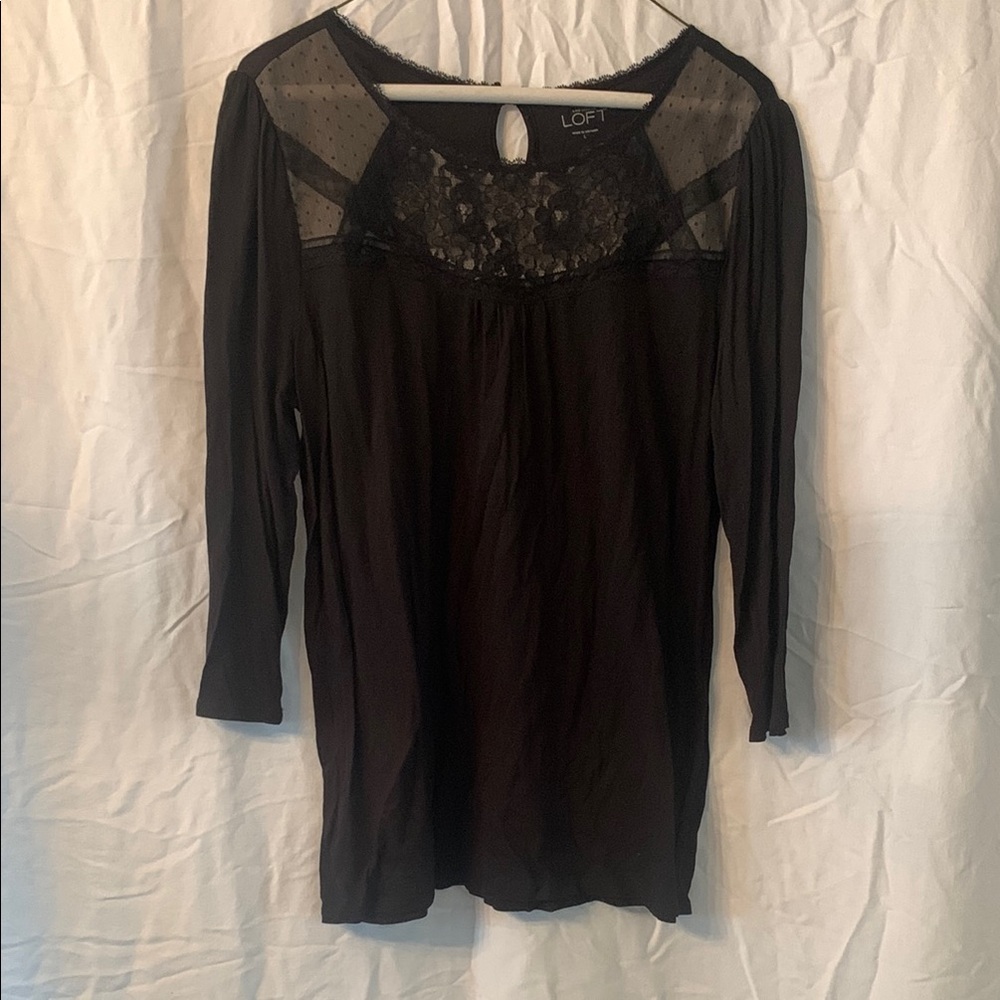 LOFT / Black Embellished Blouse with Lace Detail